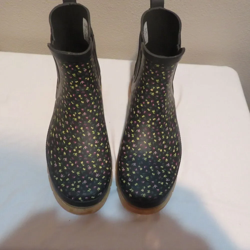 Western Chief Black Floral Chelsea Rain Boots with Pink, Yellow & Green Accents